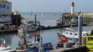 A harbor with boats, a lighthouse, and a building with 'S.M' on it.