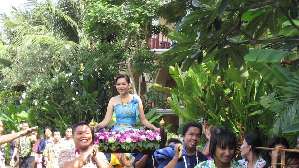 Songkran. A water festival marks the beginning of the traditional Thai New Year. Here is the lovely Miss Songkran.