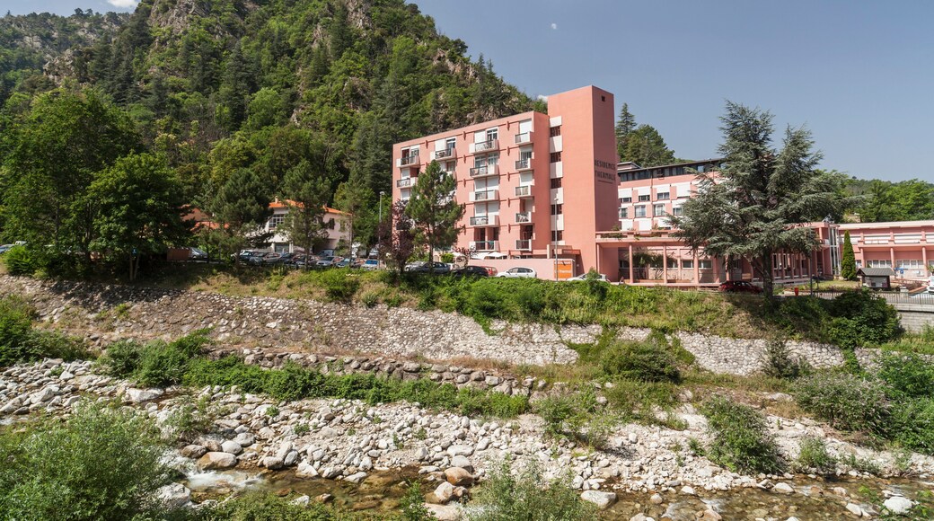 Landscape, river,mountain and spa thermal residence. Vernet-les-Bains, pyrenees village, spa and thermal touristic destination.France.