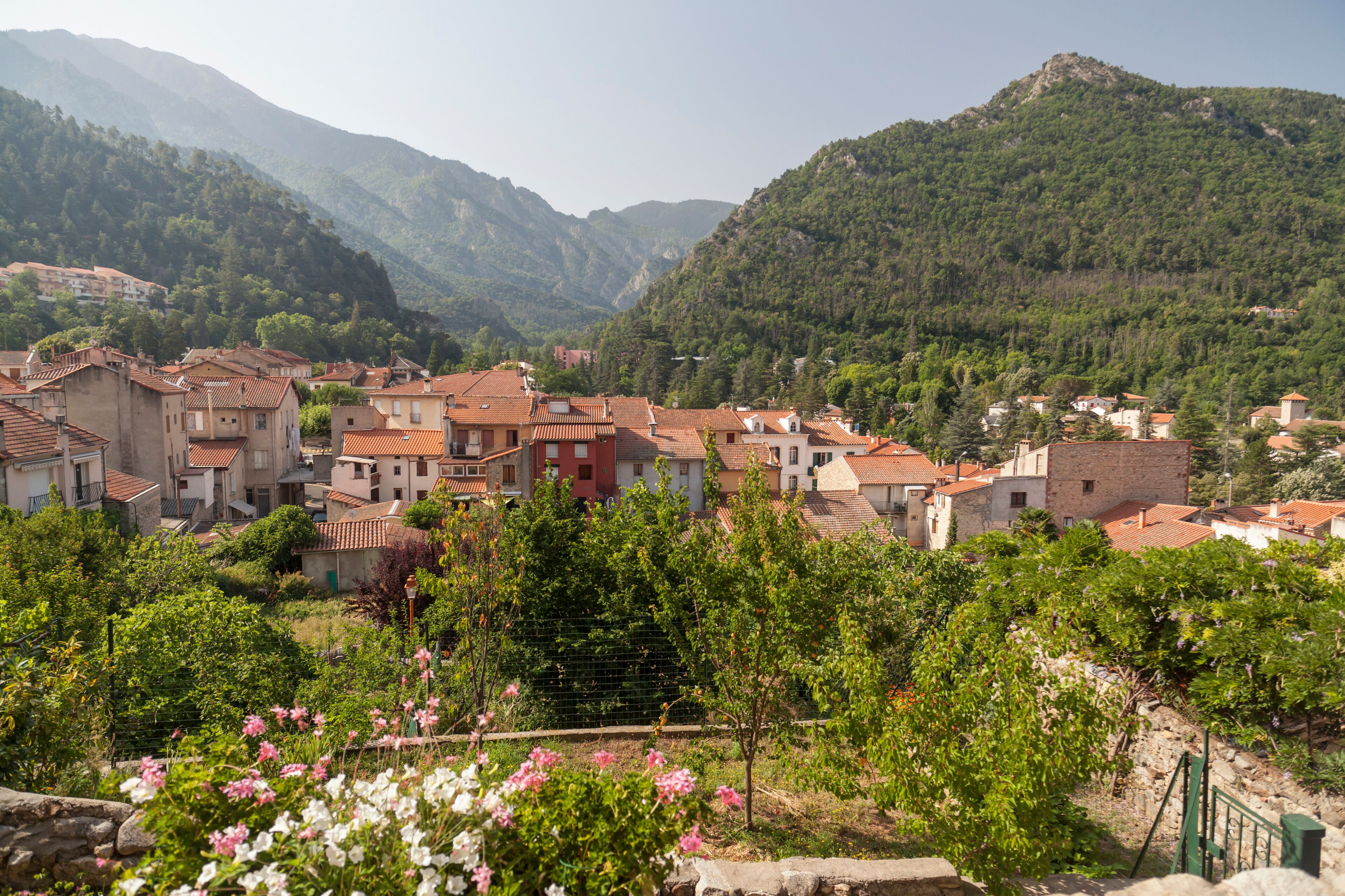 View of Vernet-les-Bains, french village in pyrenees mountain. Vernet-les-Bains, France.