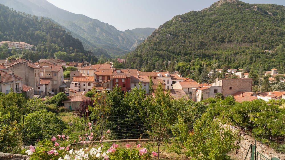 View of Vernet-les-Bains, french village in pyrenees mountain. Vernet-les-Bains, France.