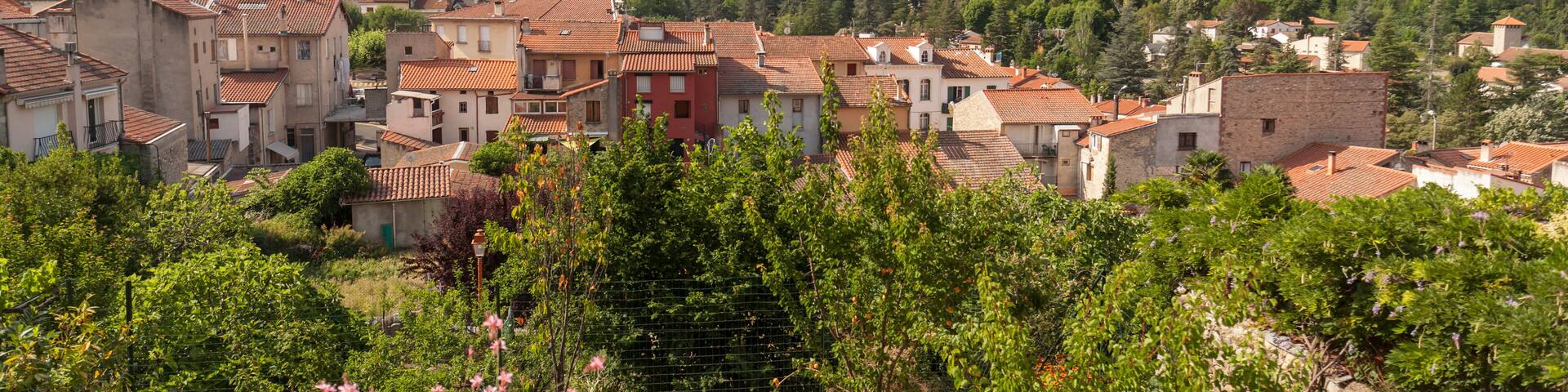 View of Vernet-les-Bains, french village in pyrenees mountain. Vernet-les-Bains, France.