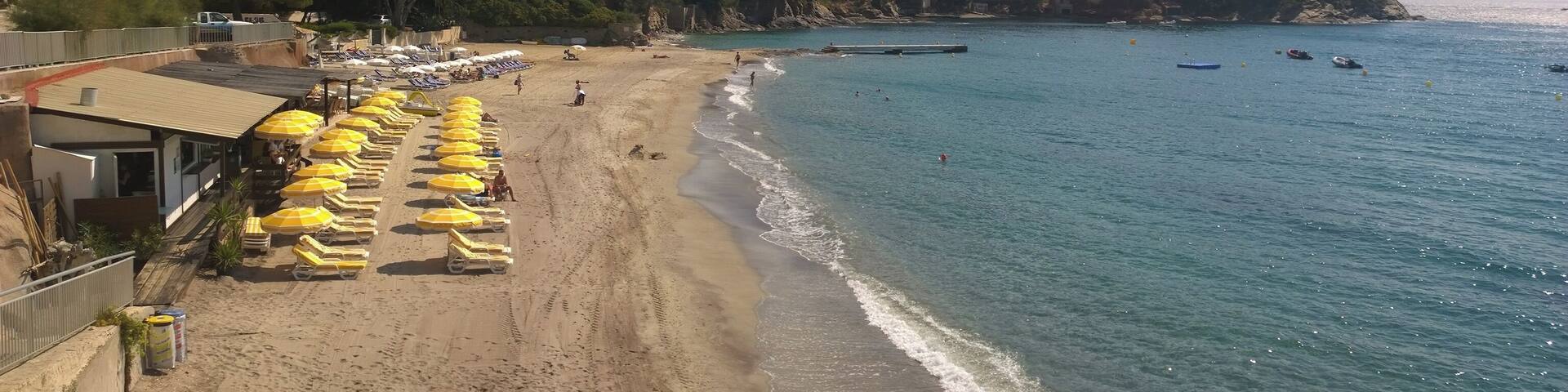 A beach with yellow umbrellas and a rocky hillside in the background.