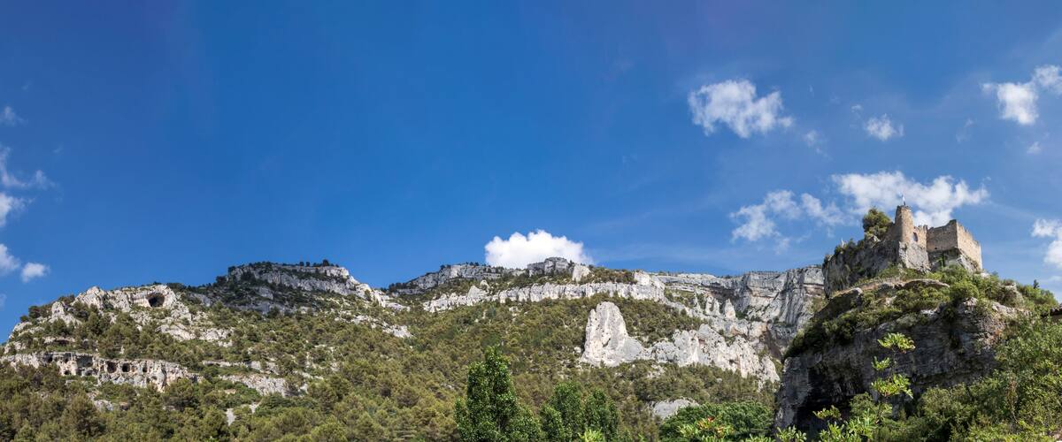A rugged mountain with a castle on top, surrounded by dense forest and clear blue sky.
