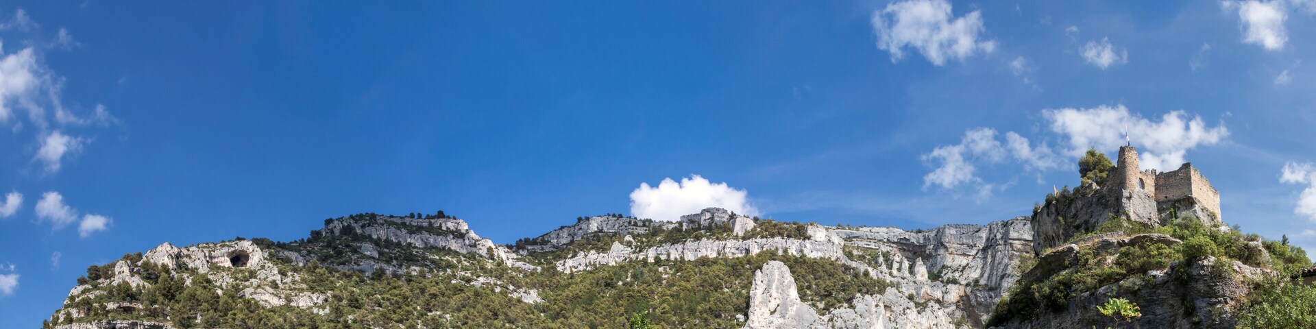 A rugged mountain with a castle on top, surrounded by dense forest and clear blue sky.