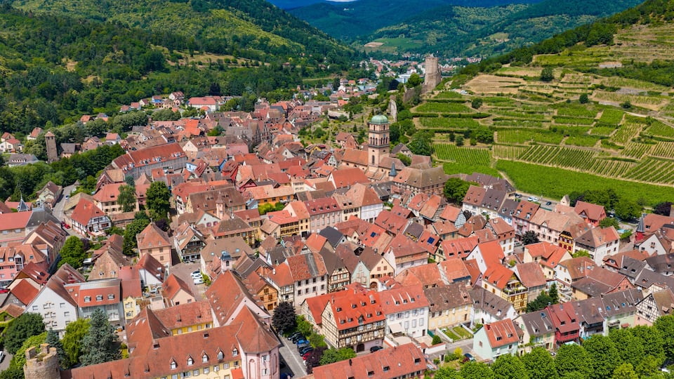 A historic town with red-roofed buildings, a prominent church, and vineyards in the valley.
