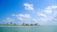 Een tropisch strand met helderblauw water, wit zand en enkele palmbomen, onder een helderblauwe lucht met zachte wolken.