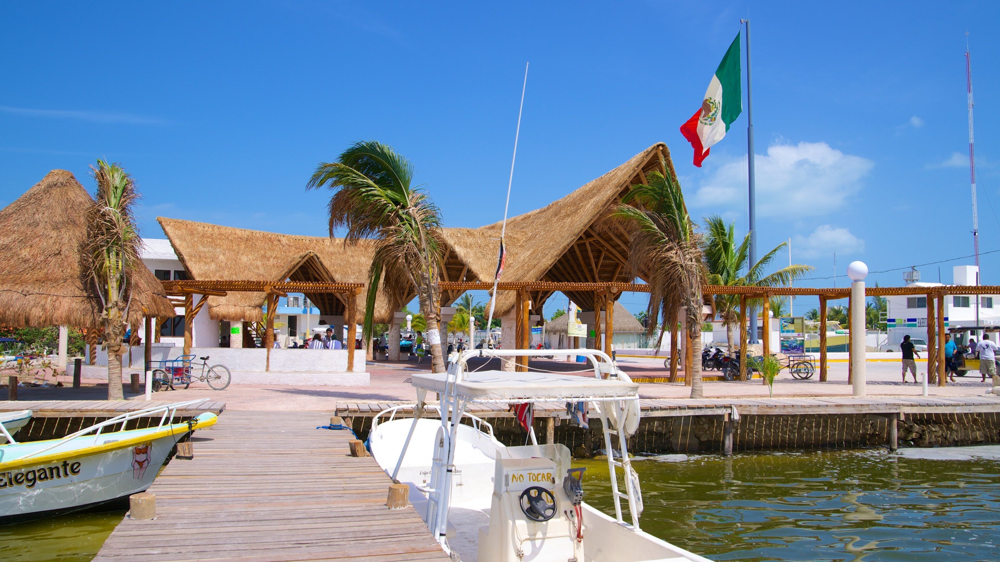 A dock with boats, a thatched-roof structure, and a flag.