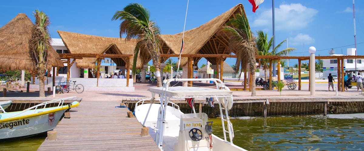 A dock with boats, a thatched-roof structure, and a flag.