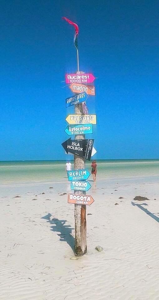A signpost with multiple destination signs on a beach.