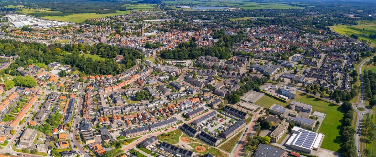 An panoramic Aerial view of the old town of the city Steenwijk in the Netherlands on a sunny day in summer