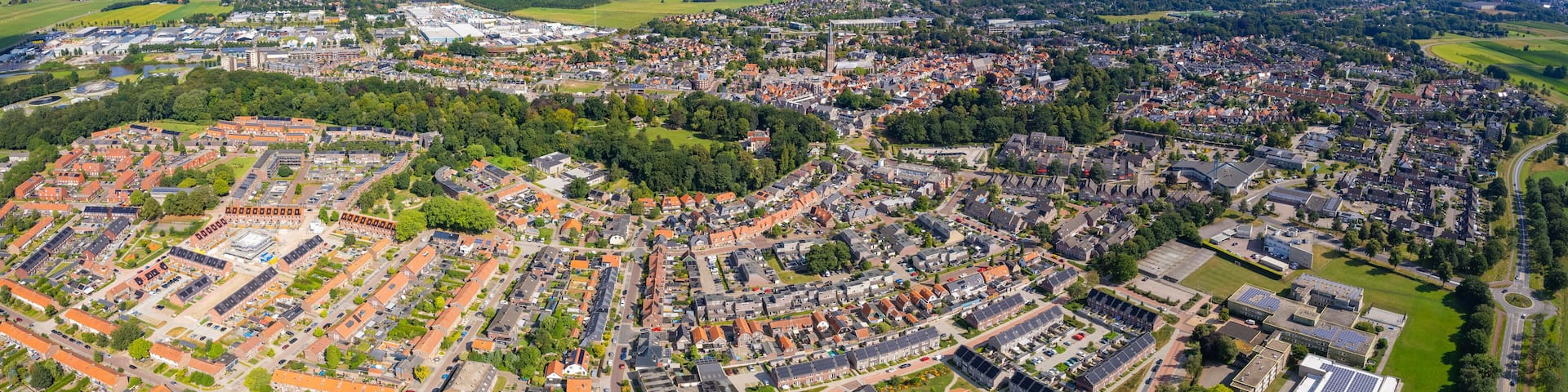 An panoramic Aerial view of the old town of the city Steenwijk in the Netherlands on a sunny day in summer