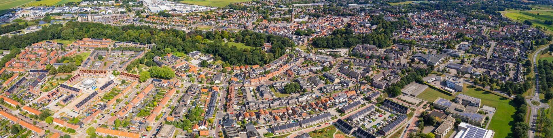 An panoramic Aerial view of the old town of the city Steenwijk in the Netherlands on a sunny day in summer