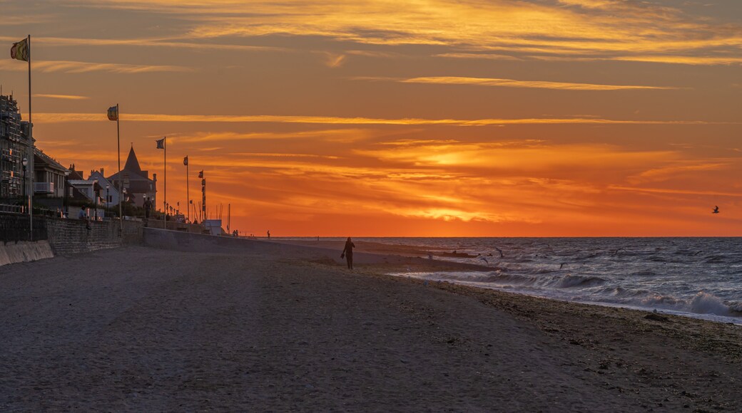 Langrune Sur Mer, France - 08 03 2020: Panoramic view of the sea from the beach at sunset