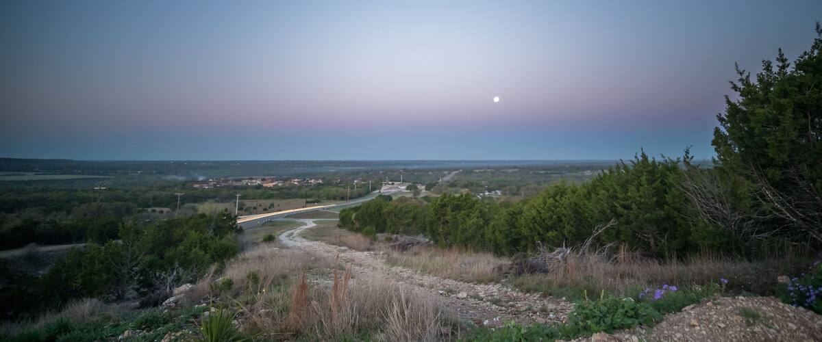 A landscape with a road, trees, and a moon in the sky.