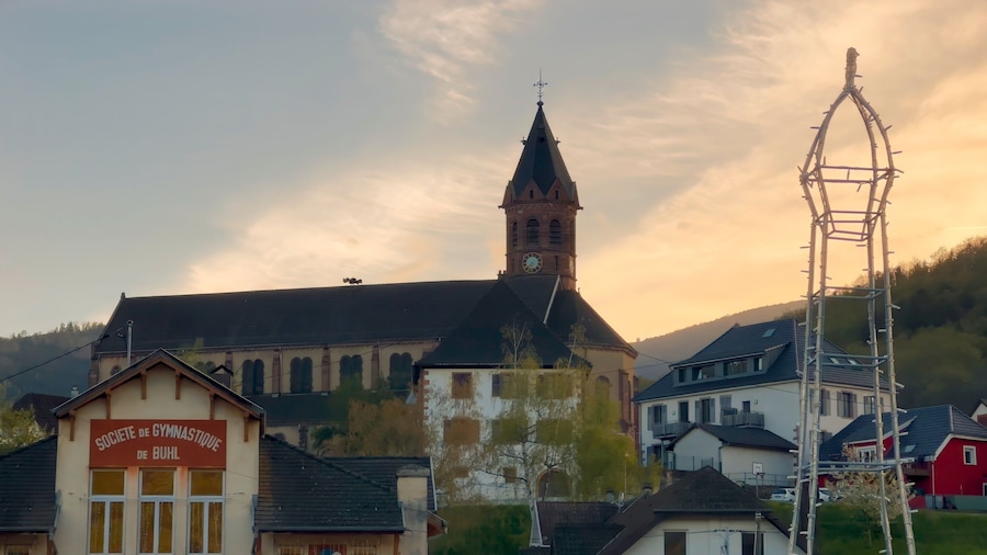 Twilight over Buhl with Church Silhouette and Eiffel Tower Model, Homage to Maurice Koechlin, Alsace, France, with "Buhl Gymnastics Society" writted on building facade