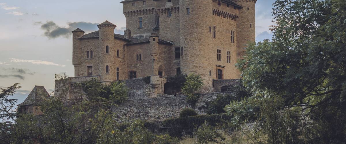 A large medieval castle with multiple towers and a stone wall surrounding it.