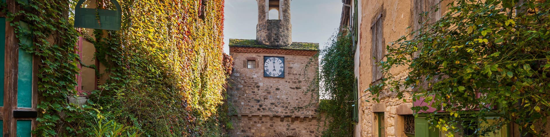 A narrow cobblestone alley flanked by buildings covered in ivy, leading to a tower with a clock.