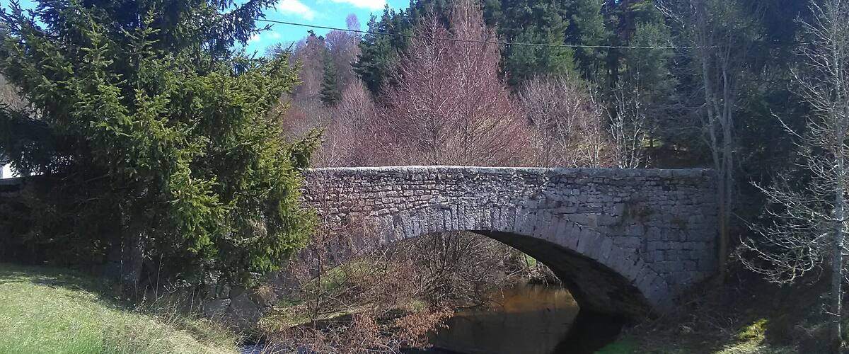 A stone bridge over a small stream in a forested area.