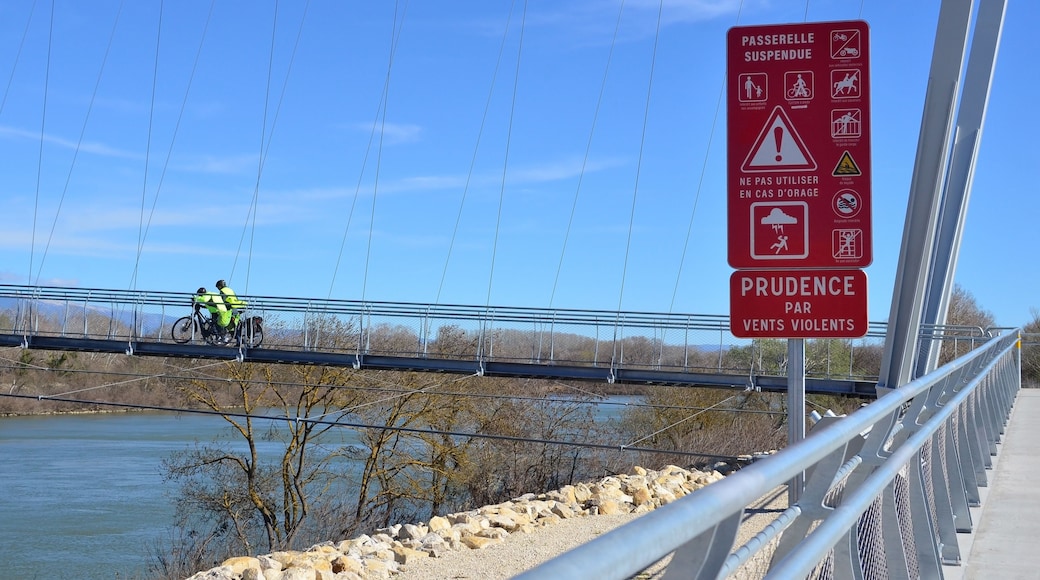 Eine Hängebrücke mit einem Schild, das vor einem schwebenden Fußgängerweg warnt und aufgrund starker Winde zur Vorsicht rät.
