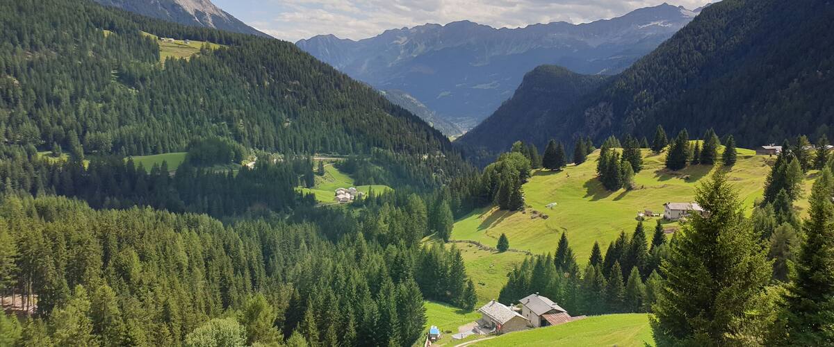 A mountainous landscape with dense forests, green valleys, and scattered houses.