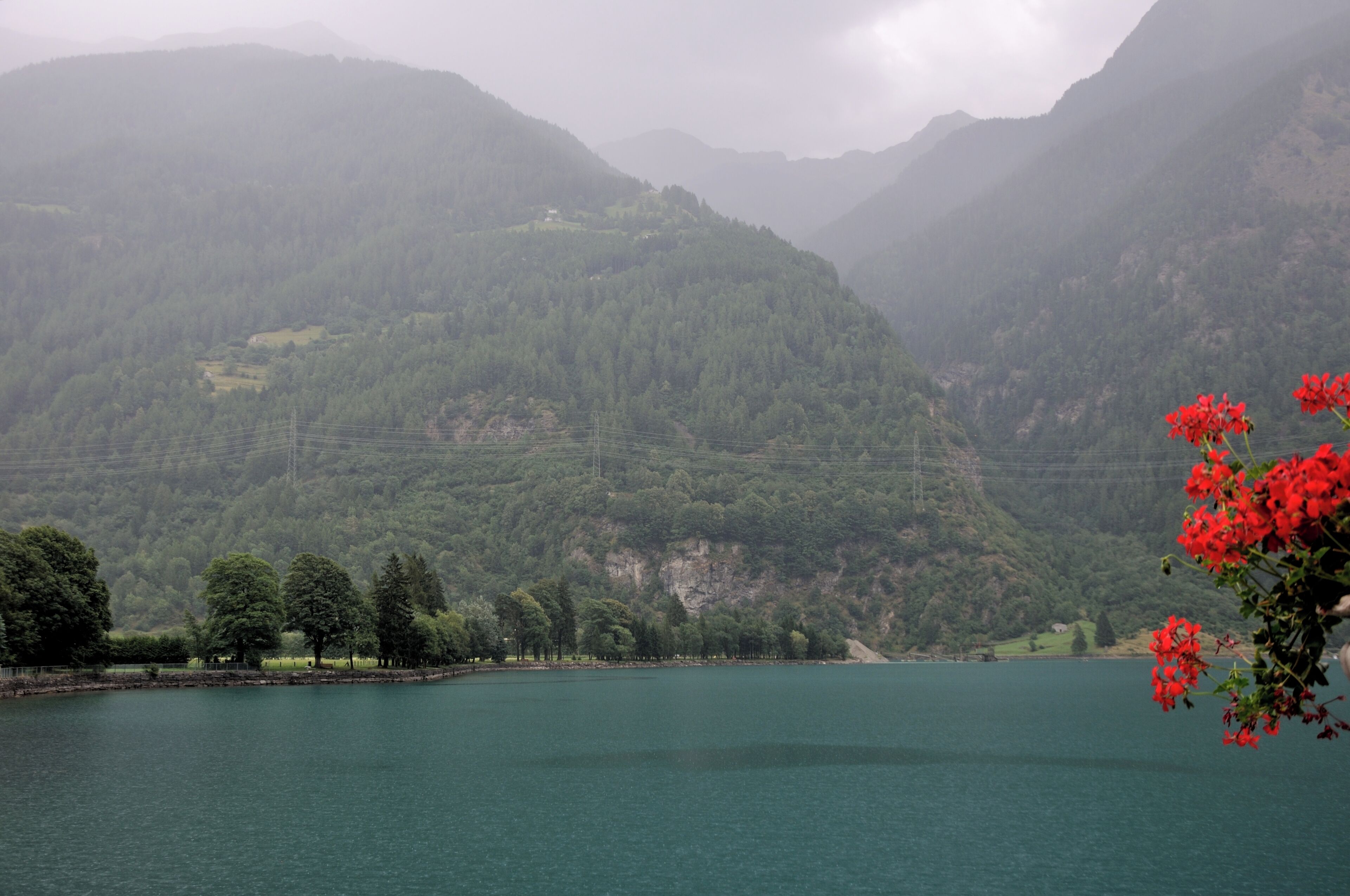 A lake surrounded by forested mountains with a small house on a hill.