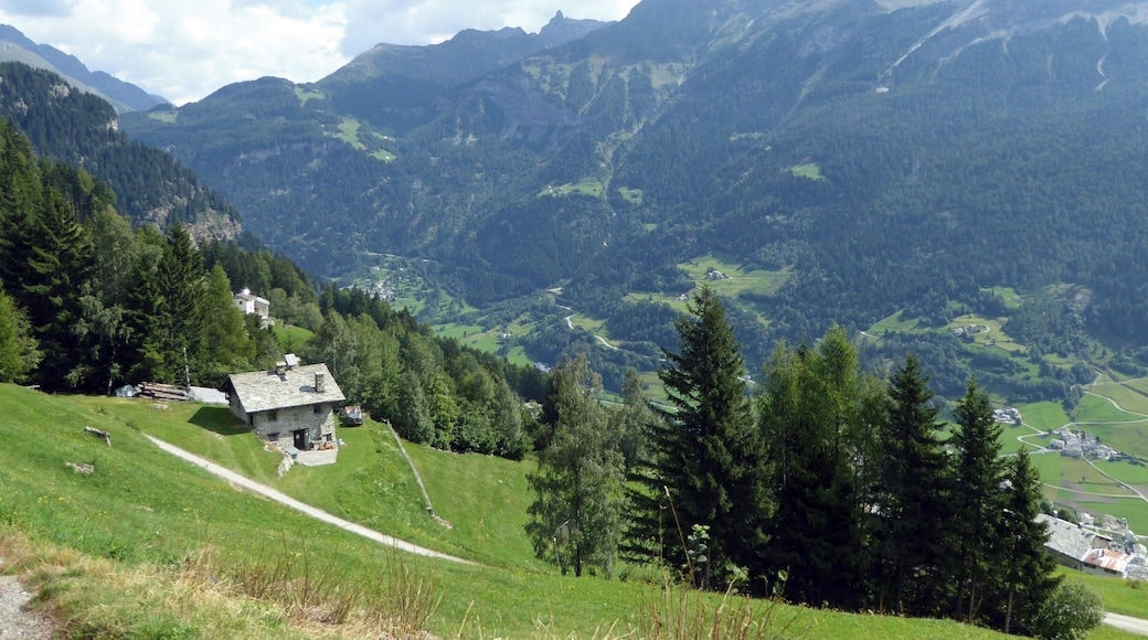 General view from Bernina Express heading down towards Poschiavo in Southern Switzerland.