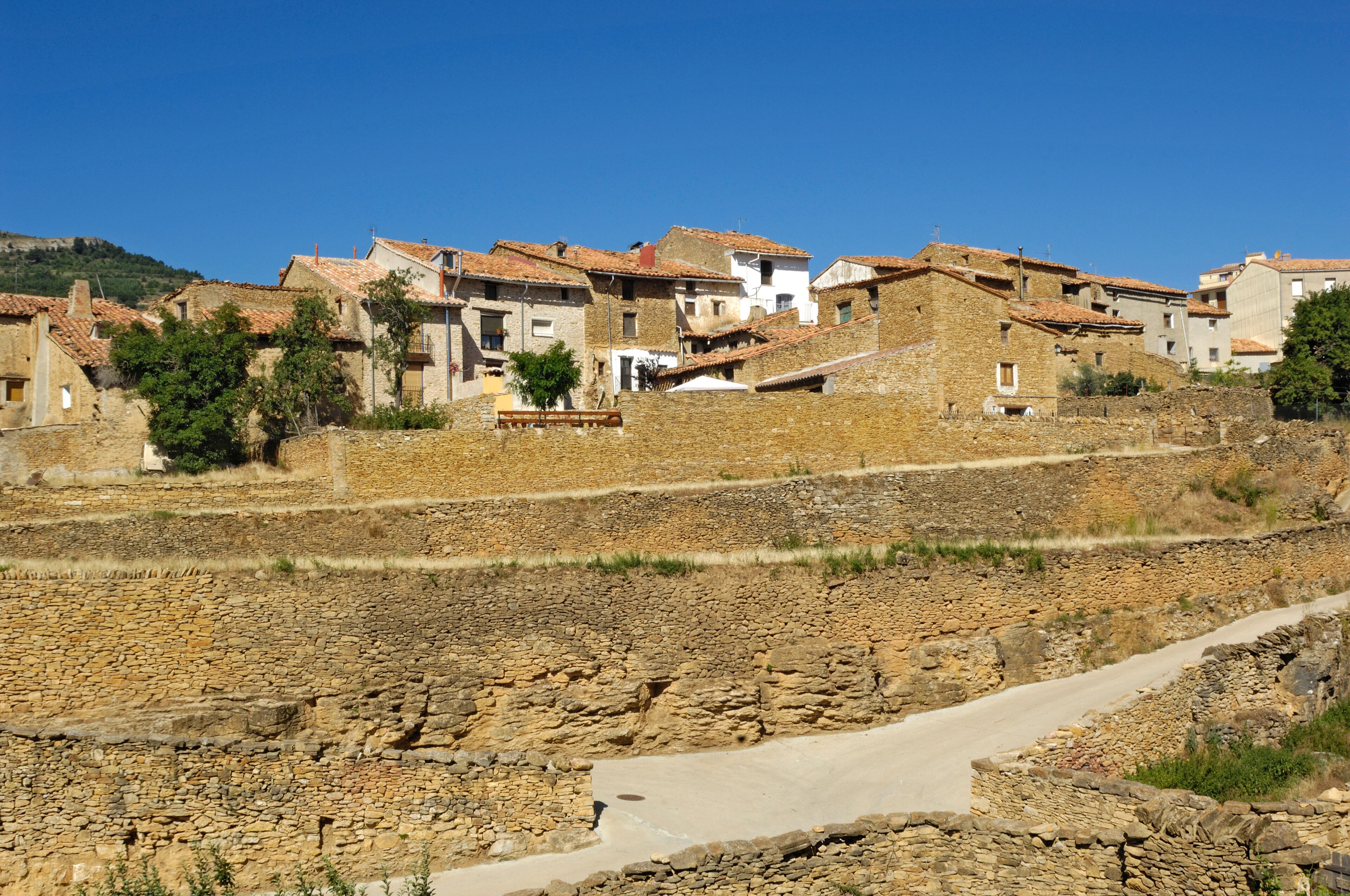 A rural village with stone buildings and terraced fields.