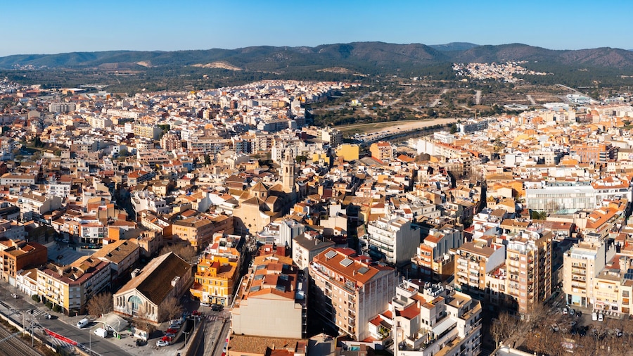 Aerial view of Spanish town of El Vendrell on sunny winter day, province of Tarragona, Catalonia..