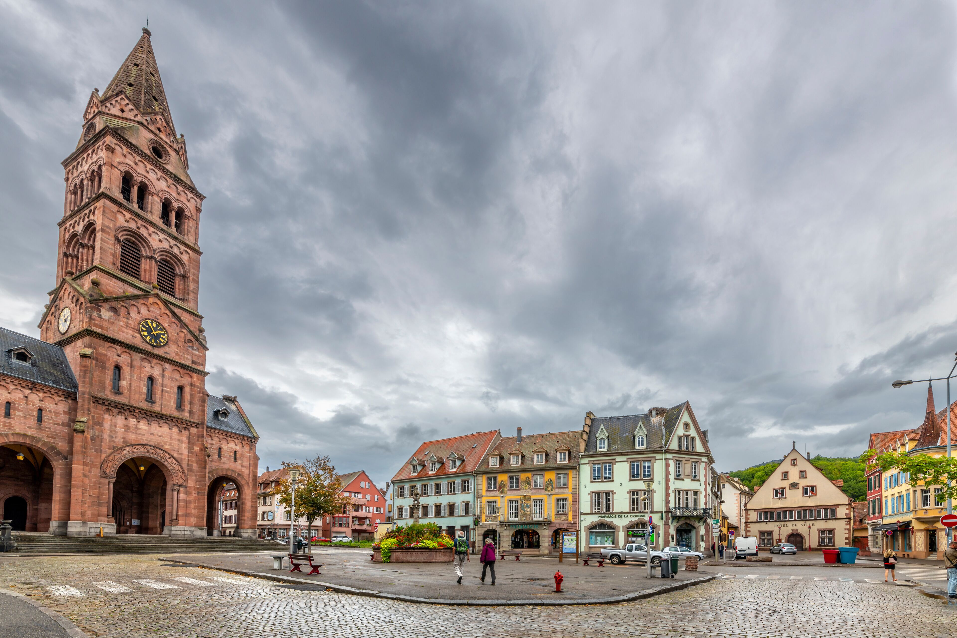 The imposing 19th century Protestant Church in the commune of Munster, France, in the Haut-Rhin department in Grand Est in Northeaster