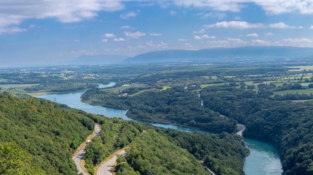 A river winding through a valley with dense forests, a bridge, and a distant mountain range under a partly cloudy sky.