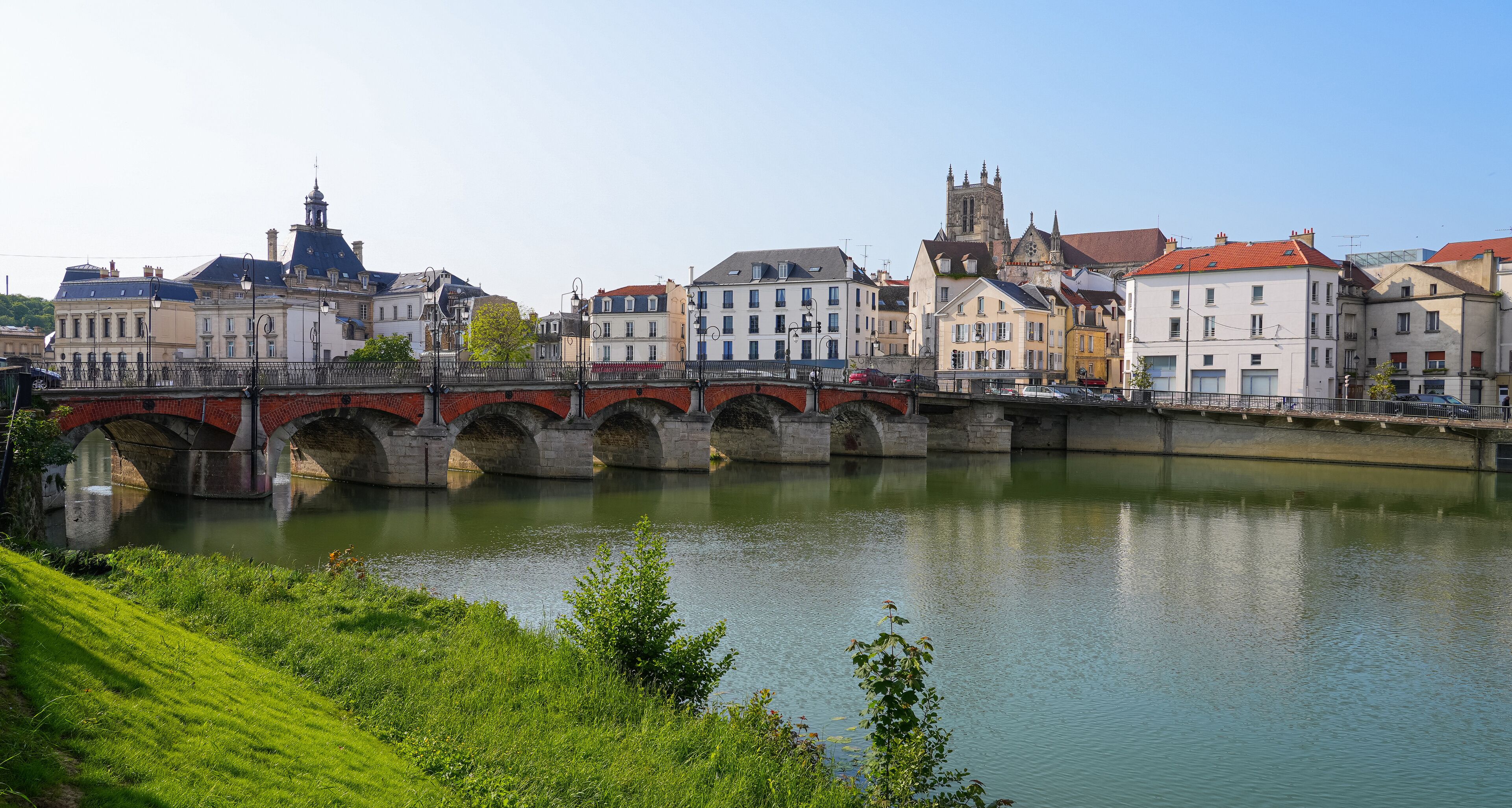 Market bridge spanning the Marne river in the city center of Meaux in Seine et Marne near Paris, France