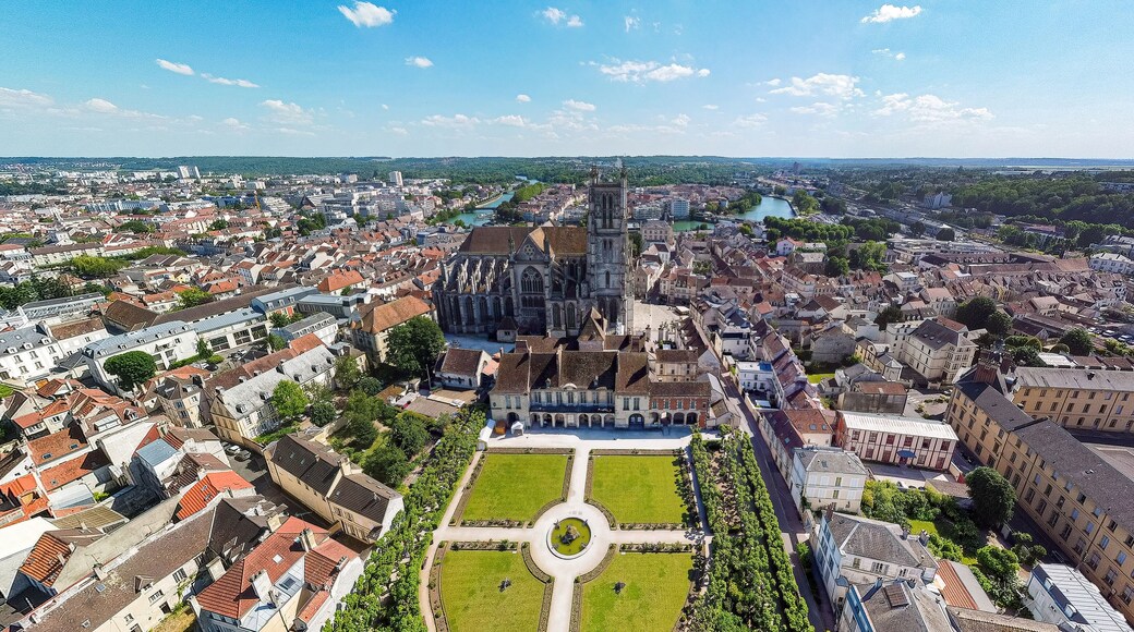 Aerial view of the gardens of the Episcopal Palace and Saint Etienne Cathedral of Meaux, a Roman Catholic church in the Seine et Marne department near Paris, France