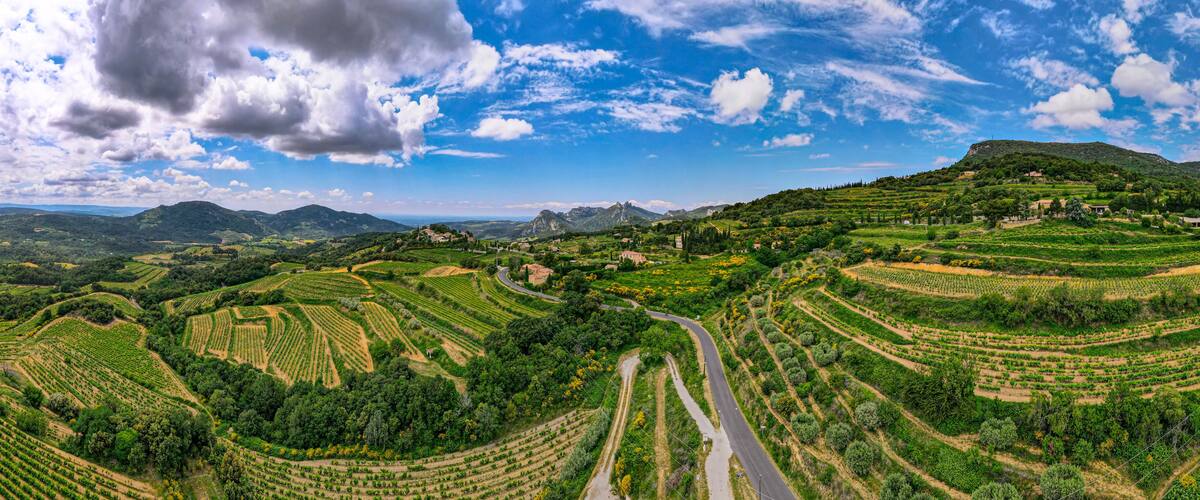 Terraced vineyards, winding roads, and rolling hills under a partly cloudy sky.
