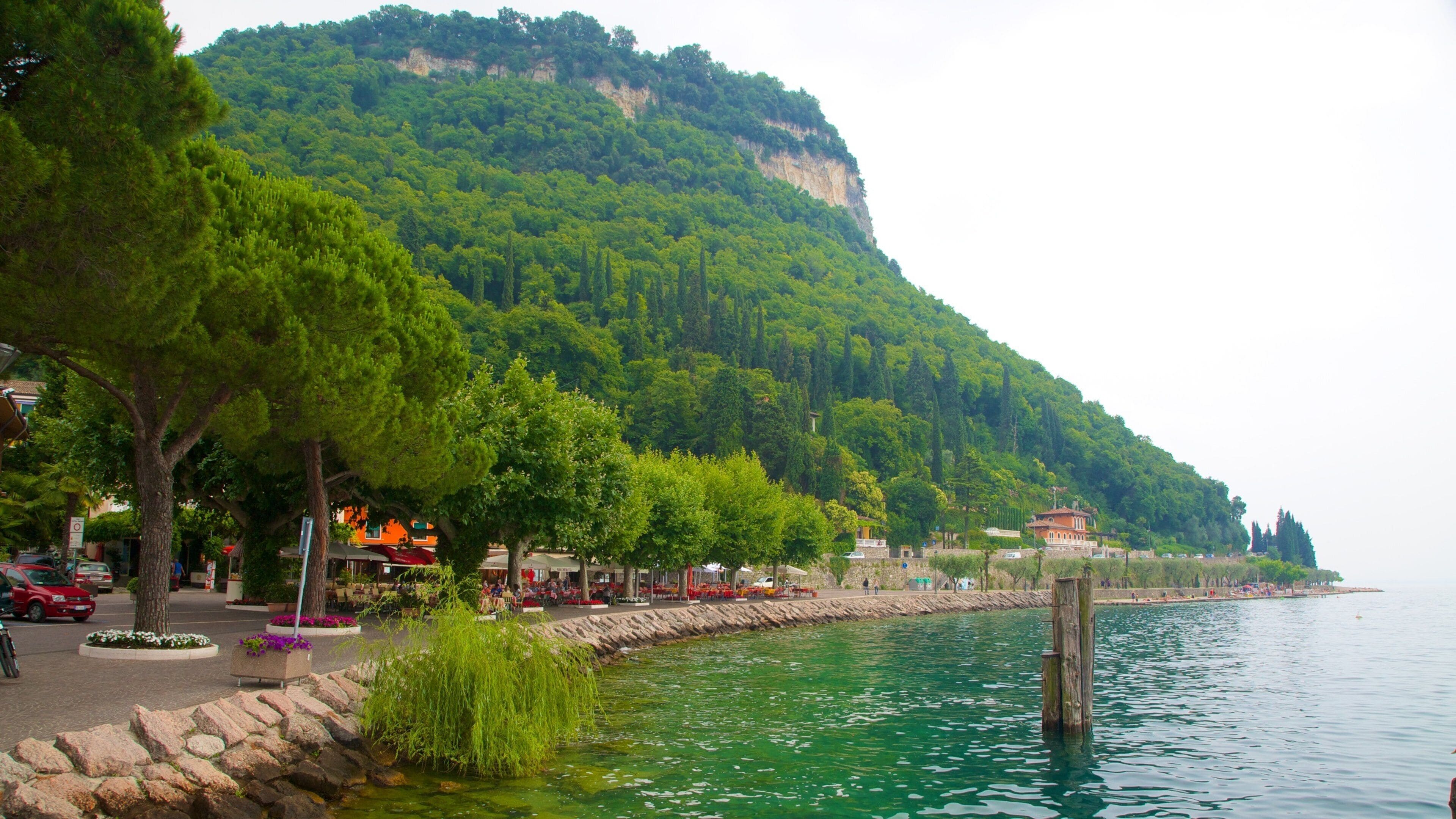 A waterfront promenade with trees, a stone wall, and a mountain in the background.