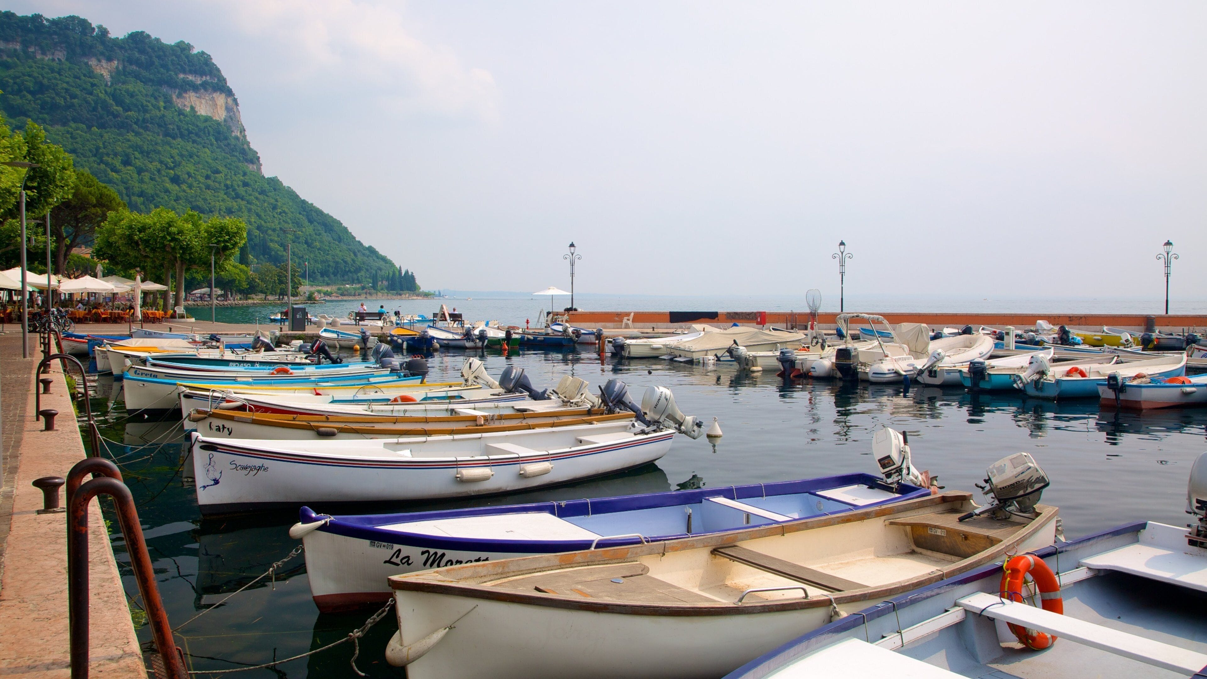 A marina with numerous small boats docked along the waterfront, surrounded by lush greenery and a cliff in the background.