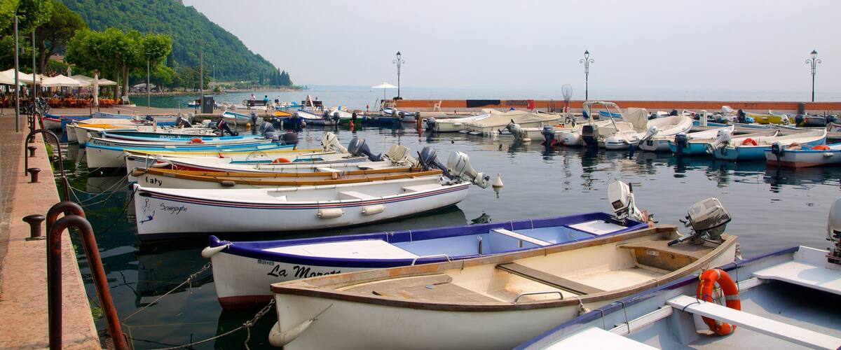 Un port de plaisance où de nombreux petits bateaux sont amarrés le long de la rive, entouré d’une végétation luxuriante et avec une falaise en arrière-plan.