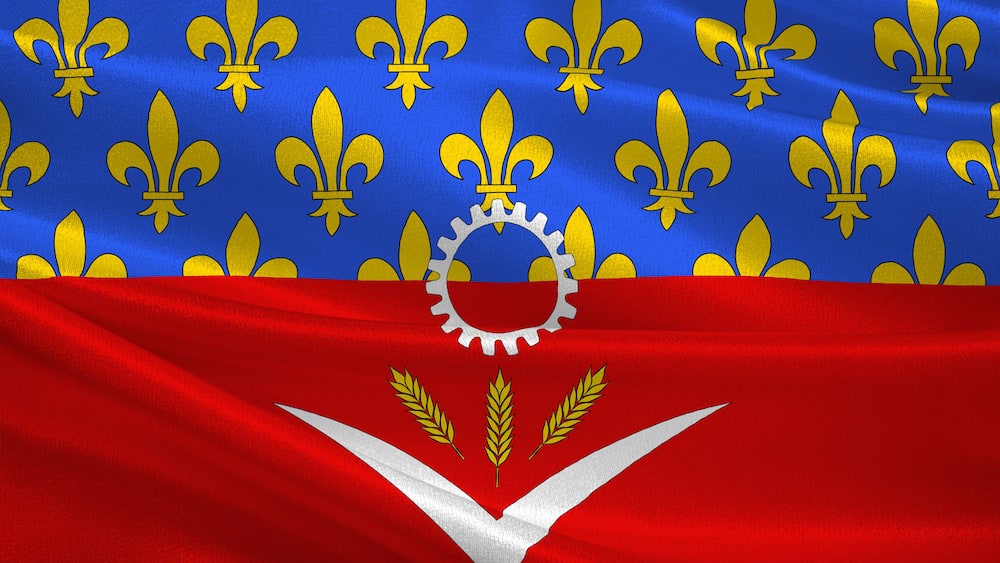 A flag with a blue background, yellow fleur-de-lis, and a red field with a white gear and three golden wheat sheaves.