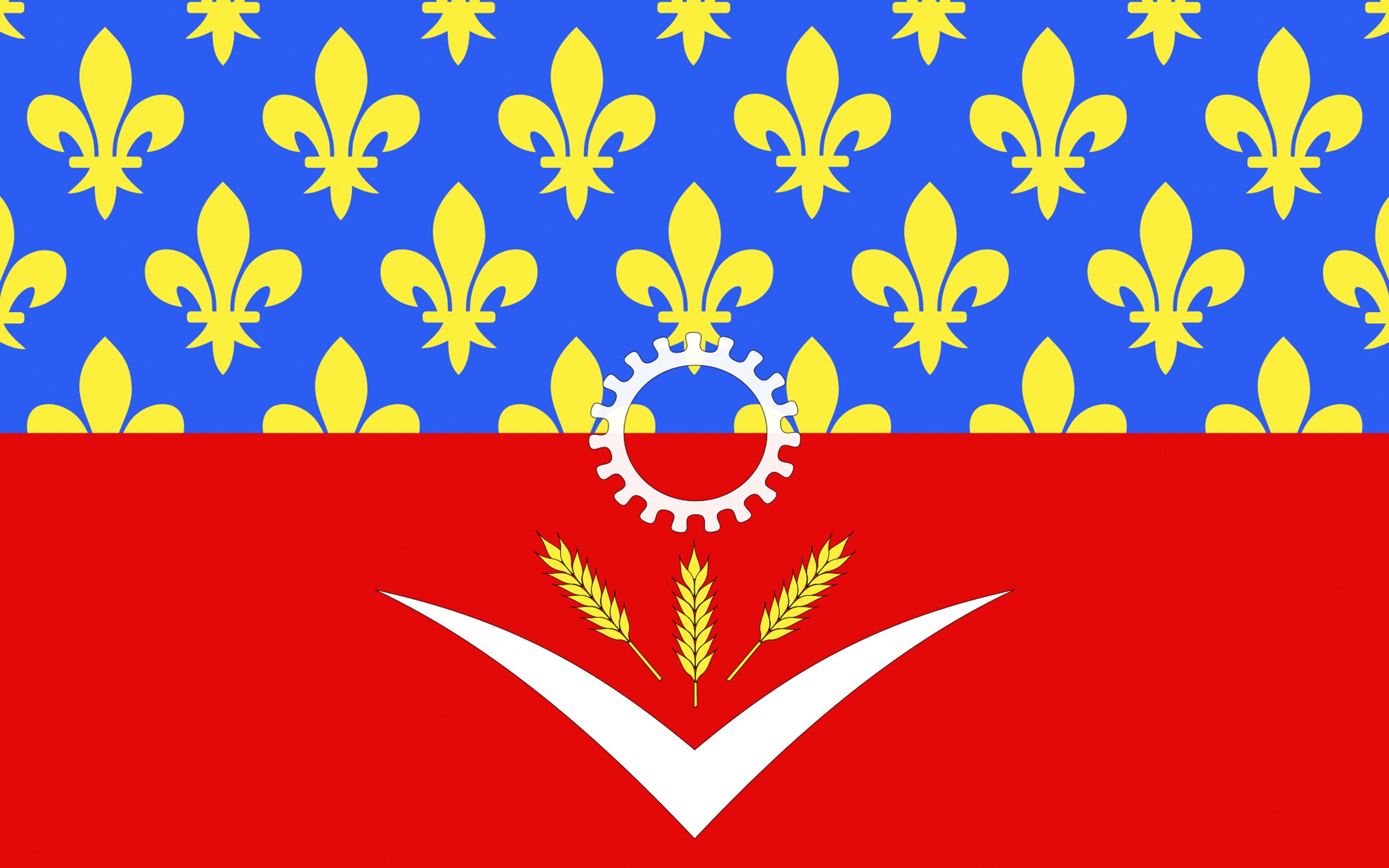 Een vlag met een blauwe achtergrond, een gele lelie, een rood veld met een tandwiel en tarwehoeken.