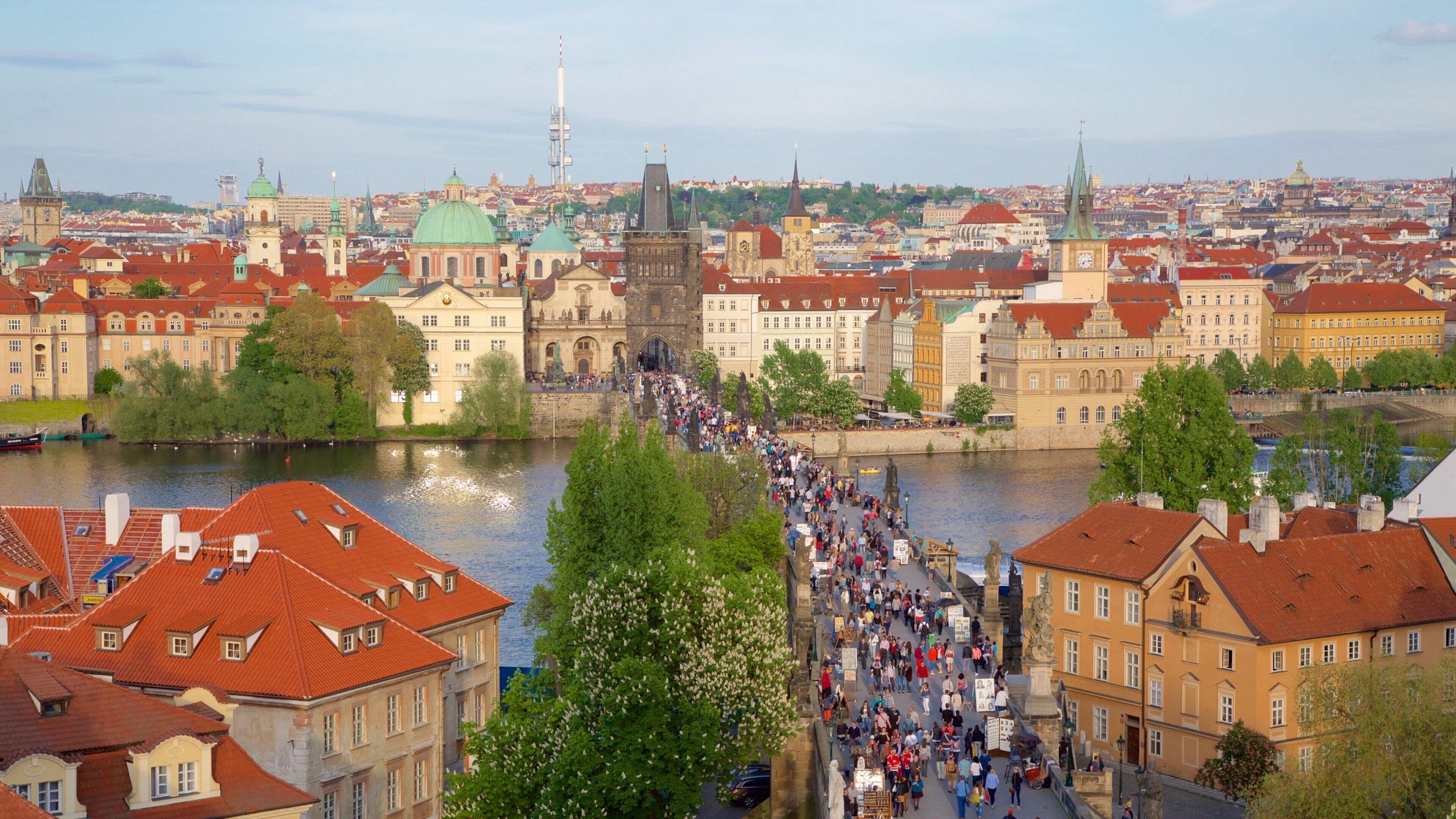 Mala Strana which includes a bridge, a river or creek and a city