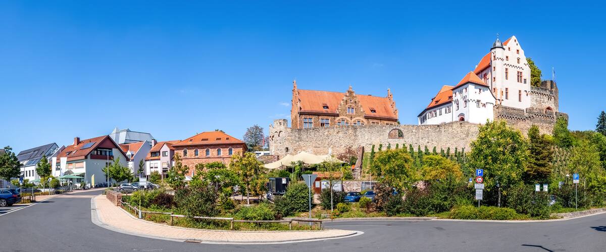 A historic castle with red-tiled roofs, surrounded by modern buildings and a roundabout.