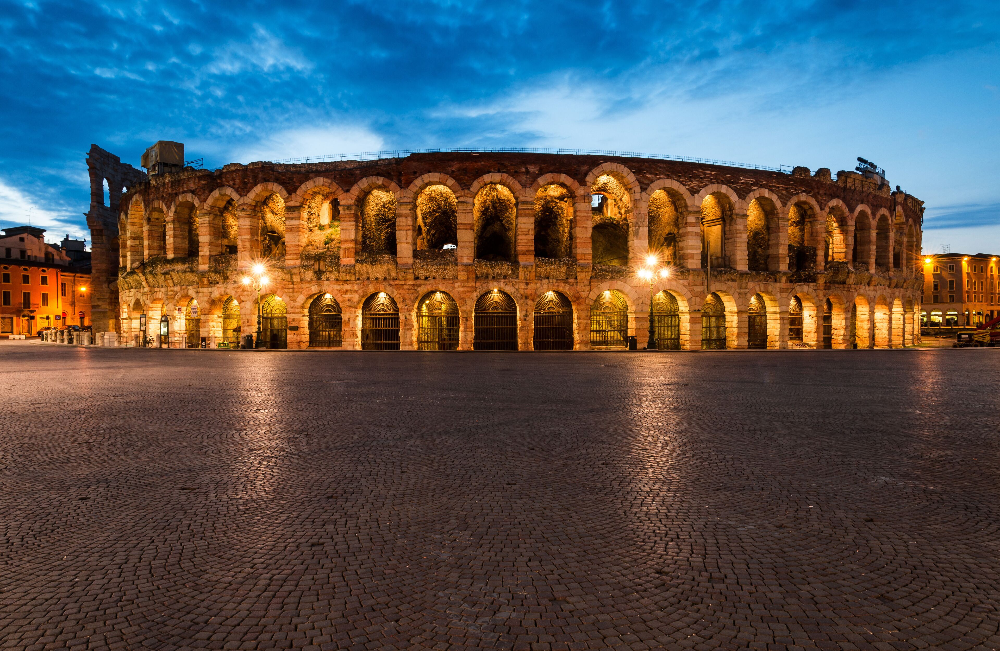 Verona amphitheatre, completed in 30AD, the third largest in the world, at dusk  time. Roman Arena in Verona, Italy