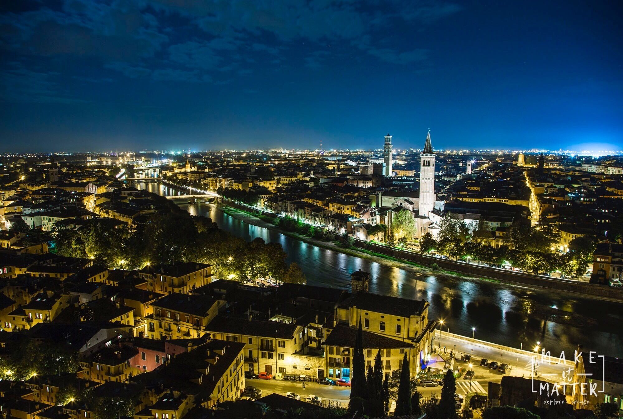 Night time photo from Castel San Pietro looking over Verona. Check out our full travel video here. https://youtu.be/LB0AaYNAIk4