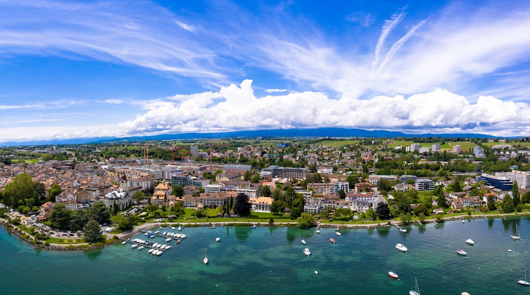 Panoramic aerial view of Morges city waterfront in the border of the Leman Lake in Switzerland