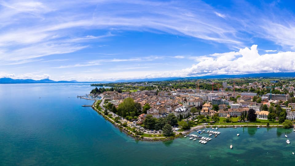 Panoramic aerial view of Morges city waterfront in the border of the Leman Lake in Switzerland