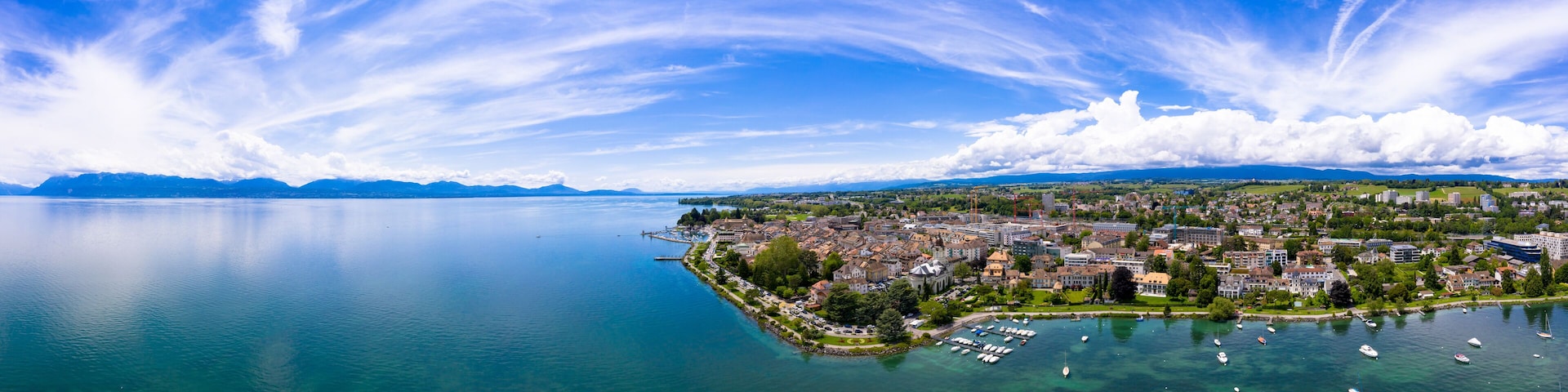 Panoramic aerial view of Morges city waterfront in the border of the Leman Lake in Switzerland