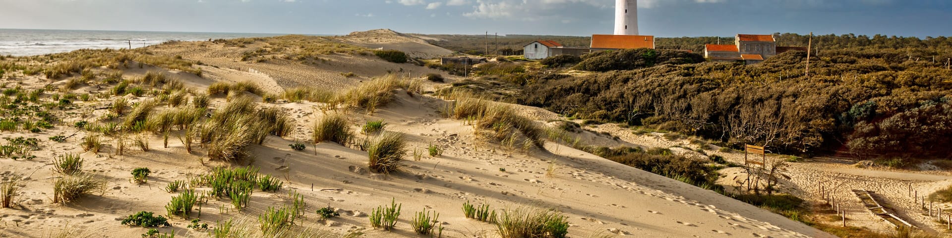 La Coubre Lighthouse among sand dunes, an example of acute shoreline recession, coastal erosion, near La Tremblade and Royan, France, South-West, Atlantic Coast