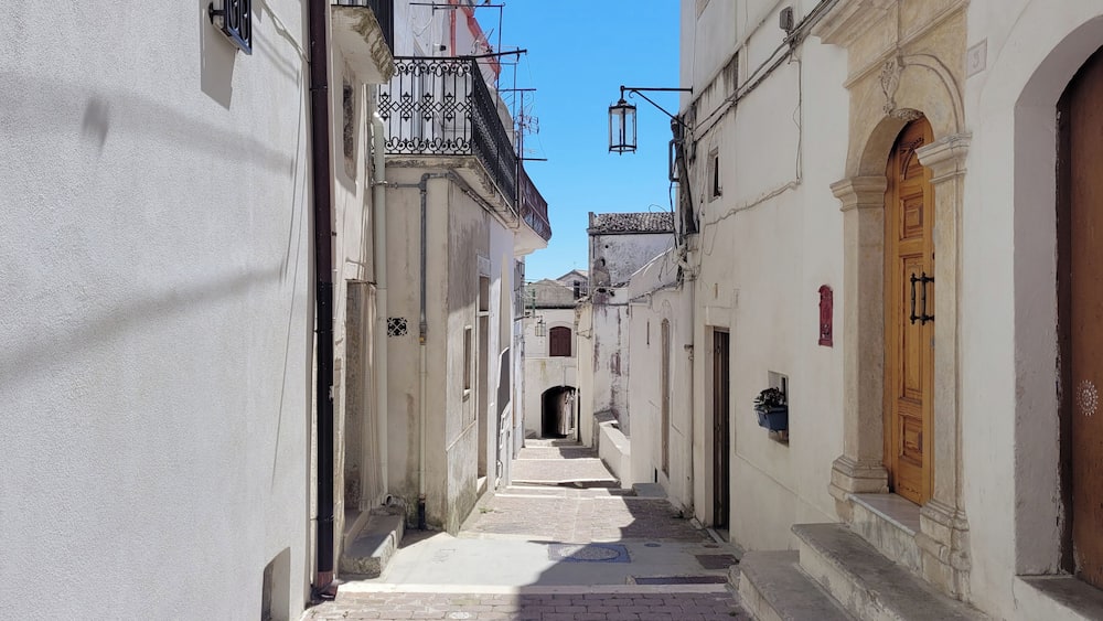 A narrow cobblestone street flanked by historic buildings with white walls and wooden doors.