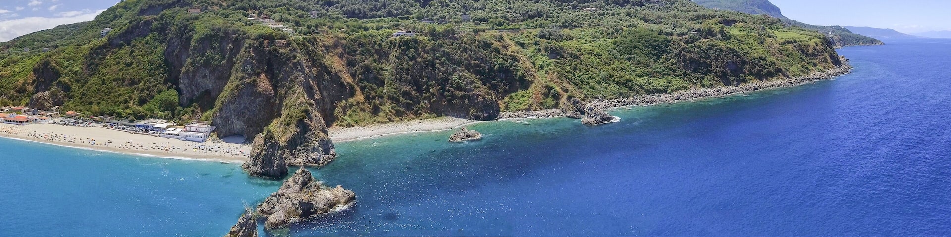 Panoramic aerial view of Tonnara Beach in Calabria with Scoglio Ulivo, Italy