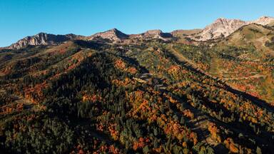 Beautiful Fall Aerial Autumn views of Snowbasin Huntsville Utah